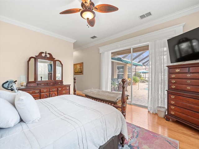 bedroom with ceiling fan, light hardwood / wood-style floors, access to exterior, and ornamental molding