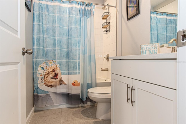 full bathroom with tile patterned floors, vanity, toilet, and shower / bathtub combination with curtain