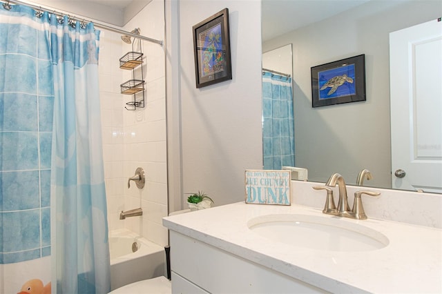 full bathroom with vanity, toilet, and shower / bathtub combination with curtain