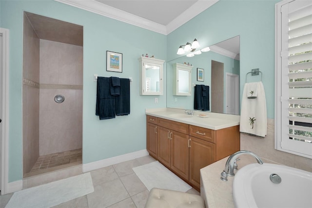 bathroom featuring tile patterned flooring, vanity, ornamental molding, and independent shower and bath