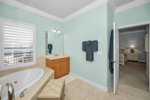 bathroom with vanity, a relaxing tiled tub, tile patterned floors, and crown molding