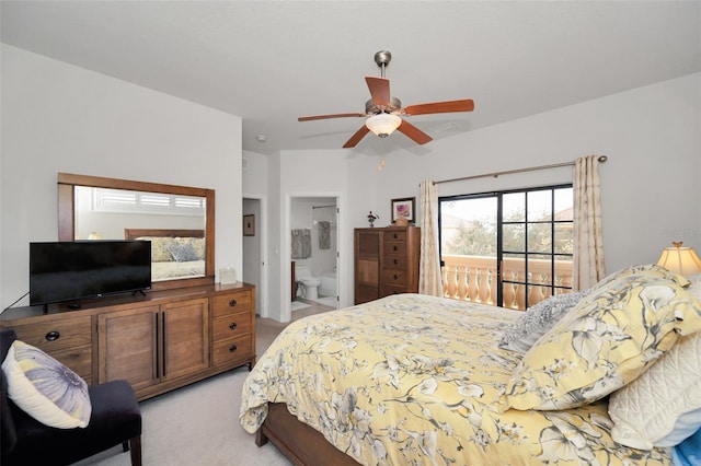 carpeted bedroom with access to outside, connected bathroom, and ceiling fan