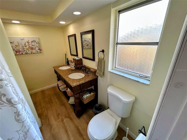 bathroom featuring a healthy amount of sunlight, vanity, wood-type flooring, and toilet