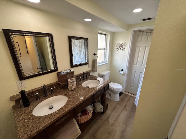 bathroom featuring vanity, toilet, and wood-type flooring