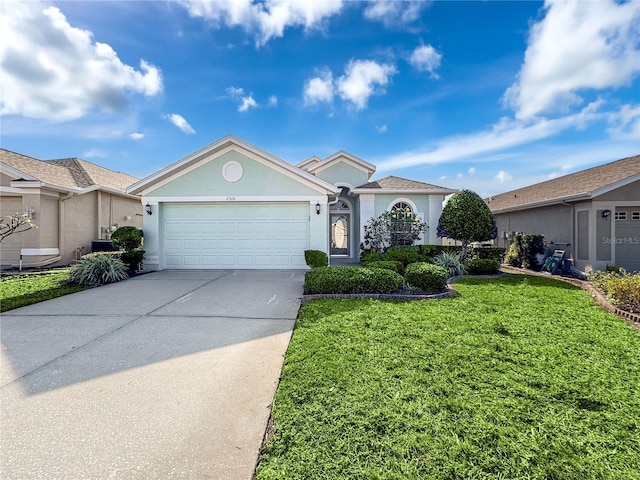 ranch-style house with a front lawn and a garage