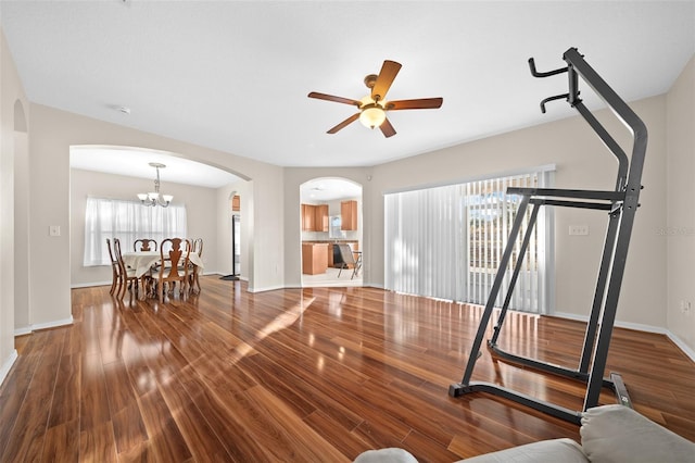 exercise room with a healthy amount of sunlight, ceiling fan with notable chandelier, and hardwood / wood-style flooring