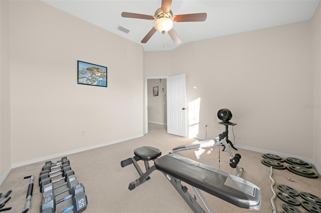 exercise room featuring light carpet