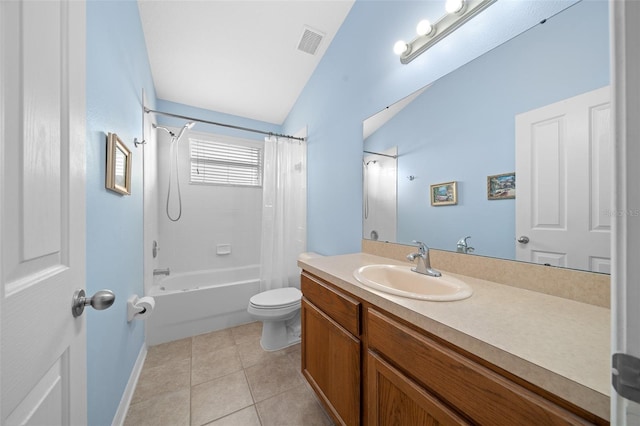 full bathroom featuring shower / tub combo, tile patterned floors, vanity, toilet, and lofted ceiling