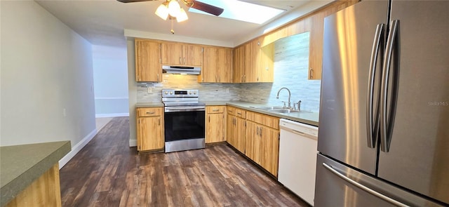 kitchen with ceiling fan, sink, dark wood-type flooring, stainless steel appliances, and backsplash