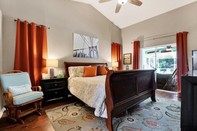 bedroom with wood-type flooring, vaulted ceiling, and ceiling fan