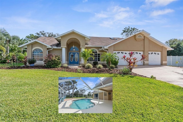 single story home featuring a garage, a lanai, concrete driveway, and stucco siding