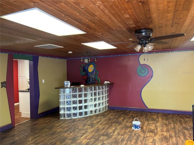 bar with wooden ceiling and dark hardwood / wood-style floors