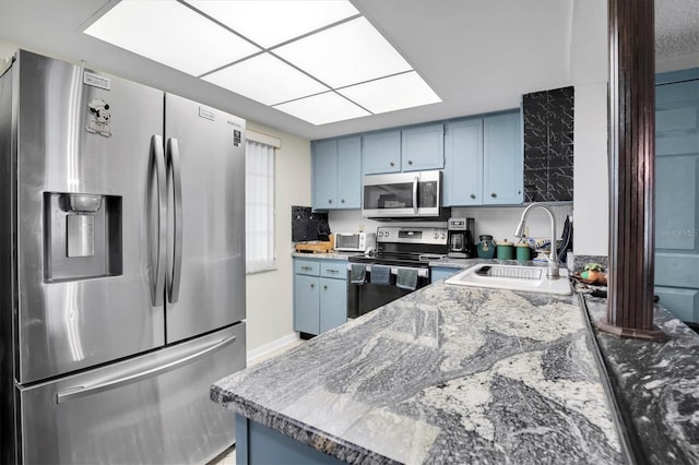 kitchen with kitchen peninsula, stainless steel appliances, blue cabinets, and sink