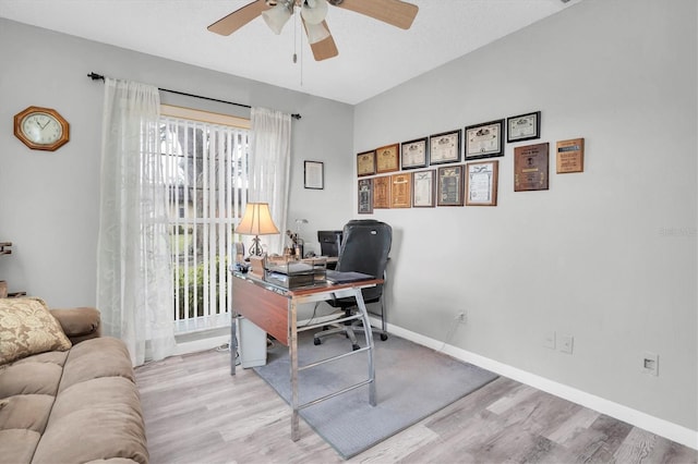 office with ceiling fan, light hardwood / wood-style flooring, and a healthy amount of sunlight