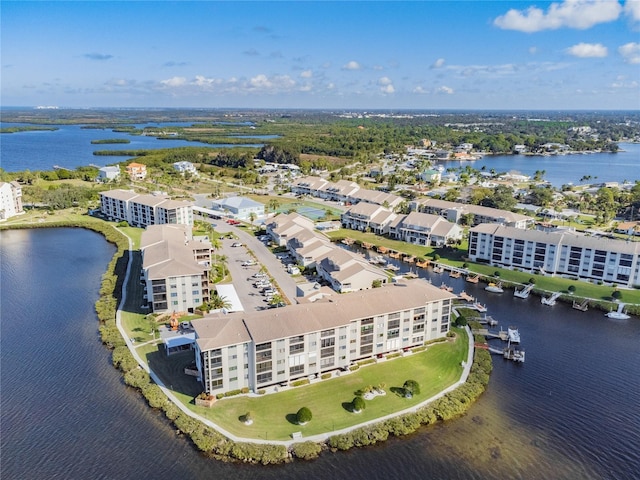 bird's eye view with a water view