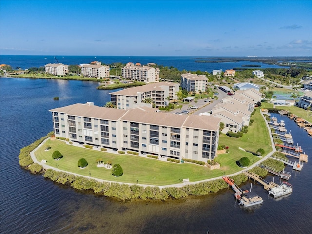 aerial view featuring a water view