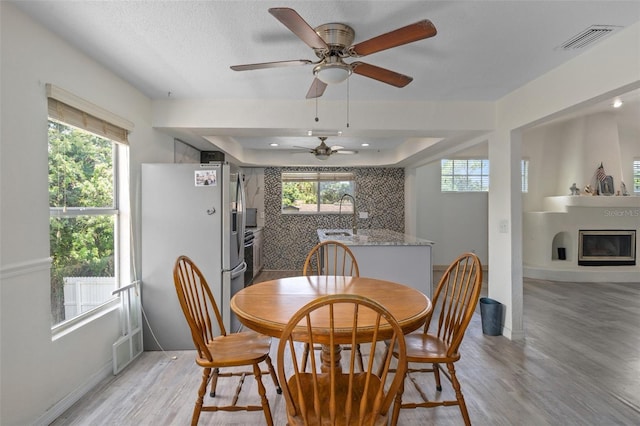 dining area featuring ceiling fan, a large fireplace, a healthy amount of sunlight, and light wood-type flooring