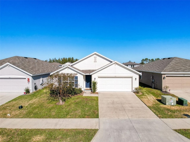 ranch-style house with a front lawn and a garage