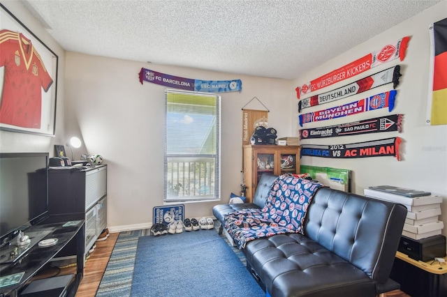 living area featuring hardwood / wood-style floors and a textured ceiling