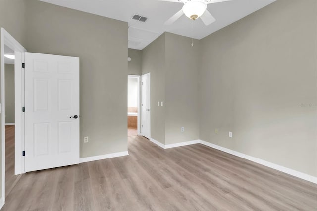 unfurnished bedroom featuring ceiling fan and light hardwood / wood-style floors