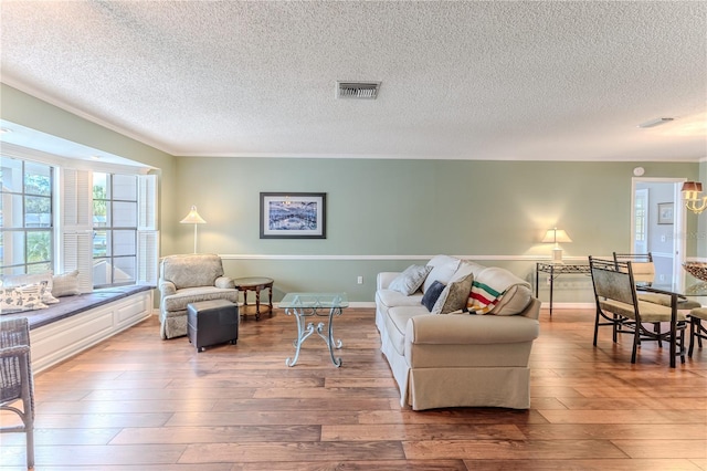 living room with hardwood / wood-style flooring and a textured ceiling