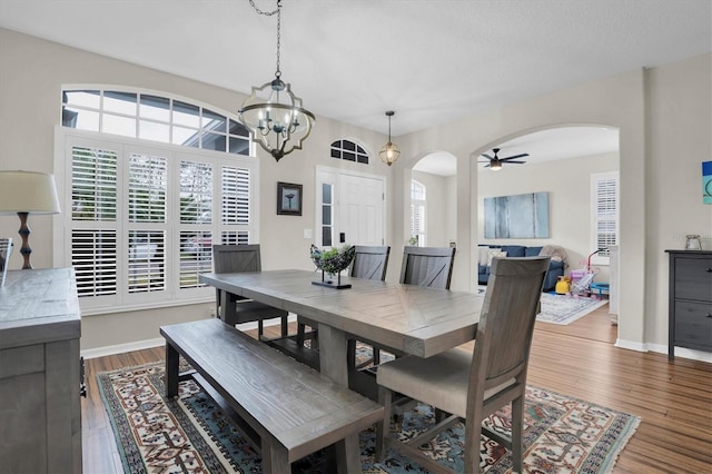 dining room featuring hardwood / wood-style floors and ceiling fan with notable chandelier