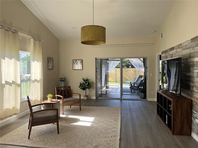 living area with dark hardwood / wood-style flooring and vaulted ceiling