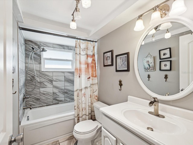 full bathroom featuring tile patterned flooring, vanity, toilet, and shower / bathtub combination with curtain