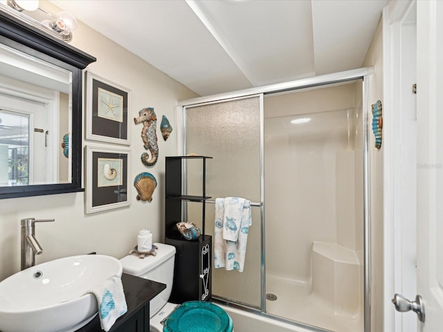 bathroom with sink, a shower with shower door, and toilet