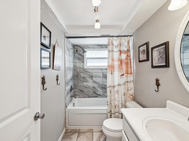 full bathroom with vanity, toilet, and shower / bathtub combination with curtain