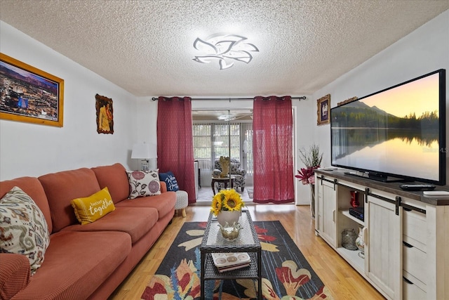 living room featuring a textured ceiling and light hardwood / wood-style flooring