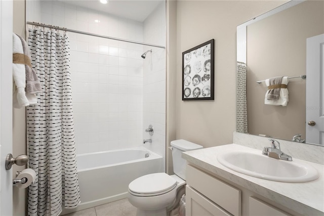 full bathroom with shower / bath combination with curtain, vanity, toilet, and tile patterned floors