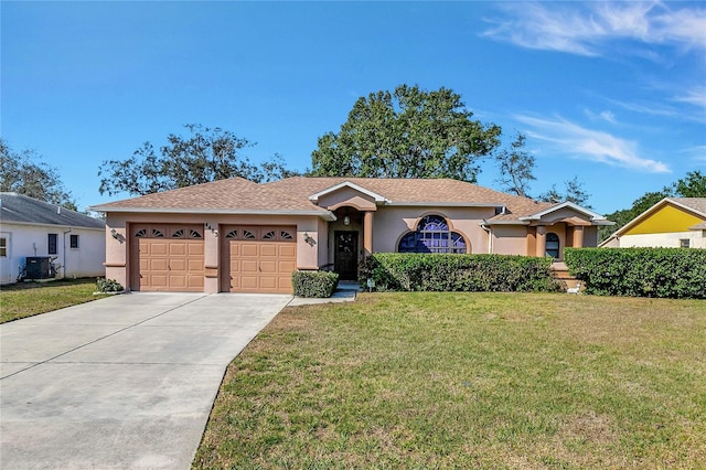 ranch-style house with central AC unit, a front lawn, and a garage