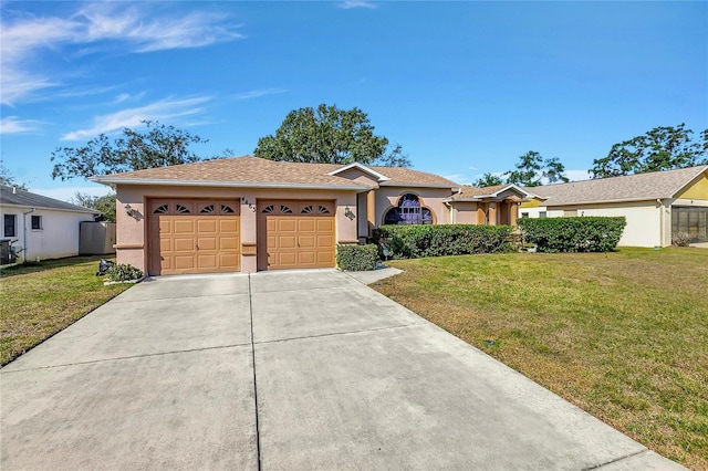 single story home featuring a garage, a front yard, and central AC