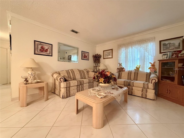 living room with crown molding, light tile patterned floors, and a textured ceiling