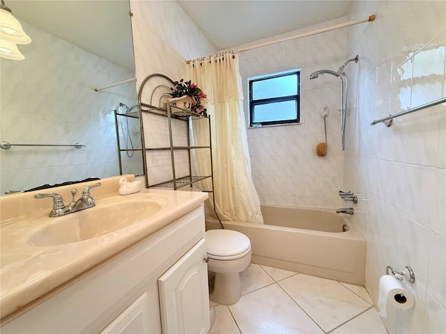 full bathroom featuring vanity, tile patterned floors, toilet, tile walls, and shower / tub combo with curtain