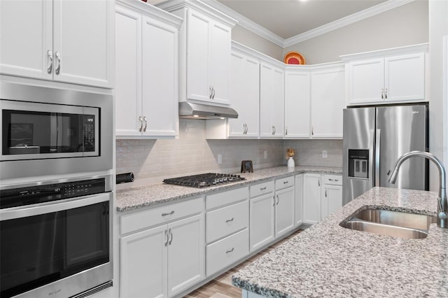 kitchen featuring backsplash, white cabinets, crown molding, sink, and stainless steel appliances