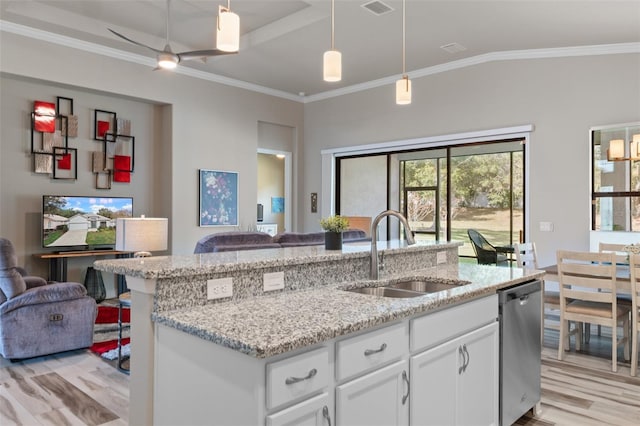 kitchen featuring dishwasher, white cabinets, sink, ceiling fan, and light stone countertops