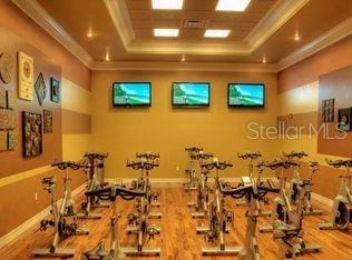 gym featuring wood-type flooring, a raised ceiling, and ornamental molding