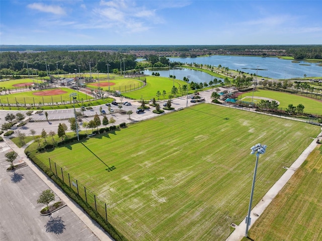 birds eye view of property featuring a water view