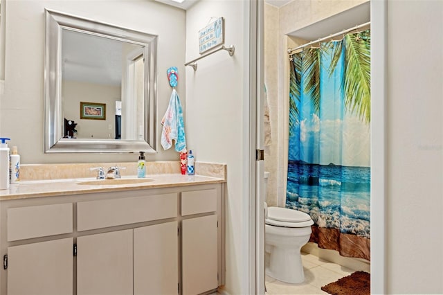 bathroom with tile patterned flooring, a shower with curtain, vanity, and toilet