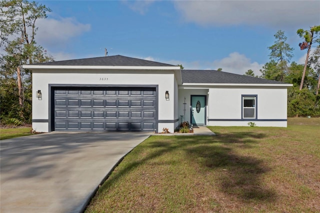 ranch-style home with a garage and a front lawn