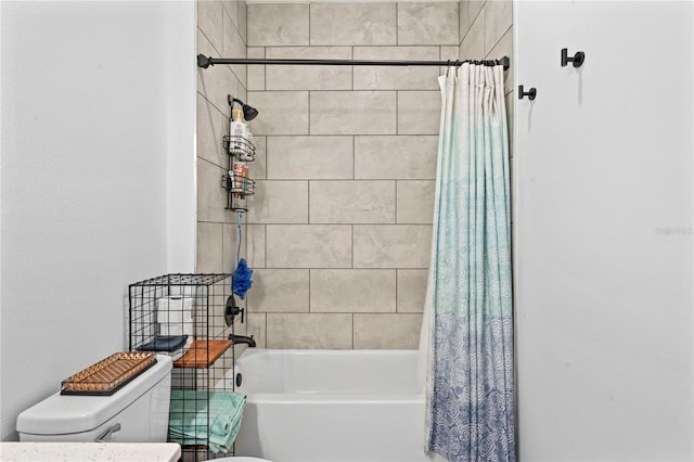 bathroom with toilet and shower / bathtub combination with curtain