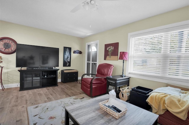 living room featuring ceiling fan and light hardwood / wood-style floors