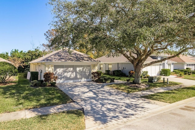 ranch-style house with a front yard and a garage