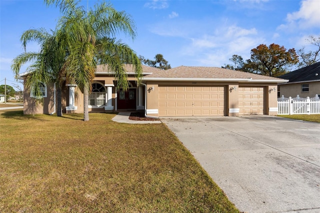 single story home featuring a garage and a front yard