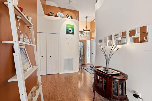 foyer featuring a towering ceiling and wood-type flooring