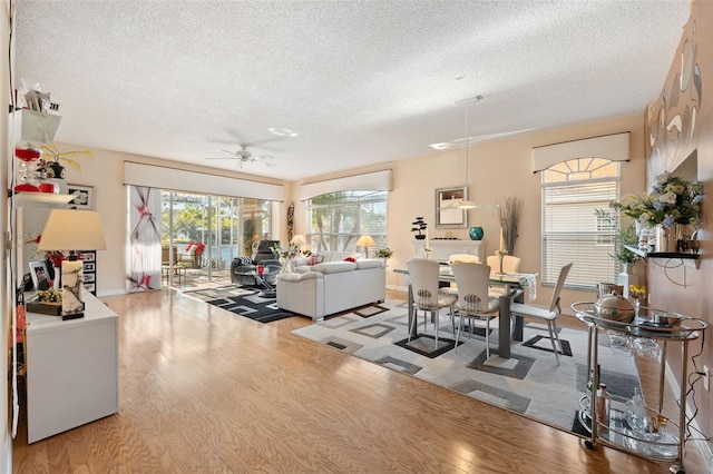 living room featuring ceiling fan, light hardwood / wood-style flooring, and a textured ceiling