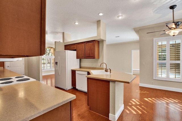 kitchen featuring white appliances, light hardwood / wood-style floors, kitchen peninsula, ceiling fan, and sink