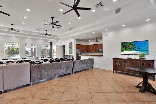 tiled living room with crown molding